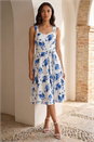Blue Floral Tie Waist Midi Dress, Image 2 of 4