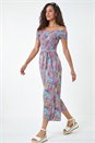 Blue Floral Shirred Stretch Bardot Jumpsuit, Image 2 of 5