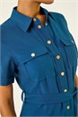 Navy  Button Belted Collared Shirt Dress, Image 4 of 4