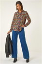 Orange Geo Print Stretch Top, Image 3 of 7