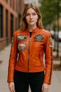 Orange Biker Racing Badges Leather Jacket, Image 1 of 6