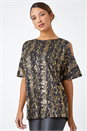 Black Metallic Print Cold Shoulder Stretch Top, Image 2 of 5
