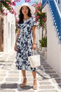 Blue Petite Floral Tie Front Stretch Midi Dress , Image 1 of 4