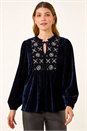 Navy Velvet Embroidered Tie Top, Image 1 of 5