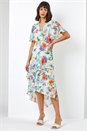 Sage Floral Chiffon Frill Tiered Midi Wrap Dress, Image 3 of 5