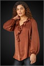 Chocolate Satin Ruffle Neck Blouse , Image 1 of 5