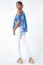 Blue Abstract V-Neck Cold Shoulder Overlay Top, Image 3 of 5