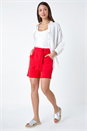 Red Textured Elastic Tie Waist Cotton Shorts, Image 2 of 7