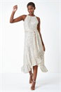 Silver Halter Neck Sequin Midi Stretch Dress, Image 2 of 6
