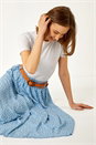 Denim Floral Print Belted Elastic Waist Midi Skirt, Image 1 of 5