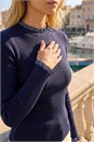 Navy  Woven Trim Ribbed Knit Jumper, Image 4 of 4