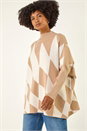 Natural  Geometric Plaid Knit Poncho, Image 2 of 5