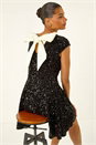 Black Sequin Bow Back Flare Dress, Image 1 of 5