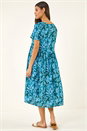Blue Leaf Print Smock Midi Dress, Image 3 of 5