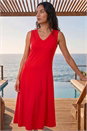 Red Sleeveless V-Neck Midi Dress, Image 2 of 4