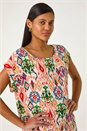 Peach Abstract Print Cuff Sleeve Top, Image 4 of 5