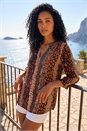 Tan Abstract Print V-Neck Stretch Top, Image 2 of 4