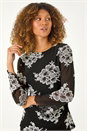 Black Floral Mesh Sleeve Stretch Top, Image 4 of 5