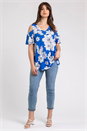 Royal Blue Curve Floral Print  V-Neck Cold Shoulder Top, Image 3 of 4