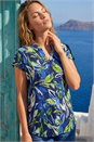 Blue Textured Leaf Print V-Neck Stretch Top, Image 1 of 4