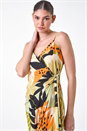 Khaki Leaf Print Strappy Wrap Midi Dress, Image 4 of 5