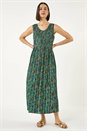 Teal Paisely Leaf Print Shirred Midi Dress, Image 1 of 5