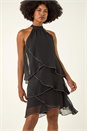 Black Sequin Trim Tiered Halterneck Dress, Image 4 of 5