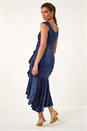 Navy  Sequin Velvet Bardot Stretch Midi Dress, Image 4 of 7