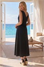 Black Petite V-Neck Ruched Stretch Midi Dress, Image 2 of 4