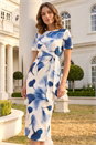 Navy Petite Print Tie Waist Midi Dress, Image 1 of 4