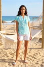 Turquoise Leaf Print V-Neck Button Top, Image 2 of 4