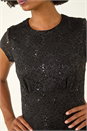 Black Sequin Fluted Hem Lace Stretch Dress, Image 6 of 6
