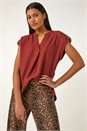 Chocolate Pleated Notch Neck Top, Image 1 of 5