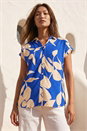 Royal Blue Floral Mono Print V-Neck Shirt, Image 2 of 4