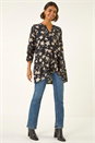 Black Floral Wrap Hem Tunic Top, Image 3 of 5