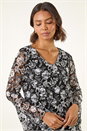 Black Floral Print V-Neck Stretch Lace Top, Image 2 of 6