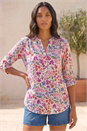 Pink Floral Print Burnout V-Neck Top, Image 1 of 4