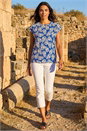 Blue Textured Floral Print Stretch Top, Image 2 of 4