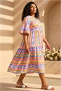 Yellow Curve Stripe Print Boho Tiered Dress, Image 2 of 4