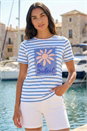 Blue Motif Stripe Print Cotton T-Shirt , Image 1 of 4