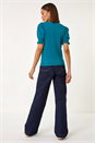 Teal Puff Sleeve Buttoned Knit Top, Image 3 of 5