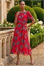 Red Floral Print Pleat Neck Midi Dress, Image 1 of 4