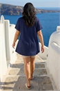 Navy  Curve Pleat Front V-Neck Stretch Top, Image 3 of 4