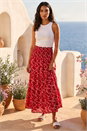 Red Abstract Print Shirred Waist Maxi Skirt , Image 2 of 4