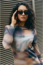 Rust Dusk Abstract Plisse Stretch Mesh Midi Dress, Image 6 of 7