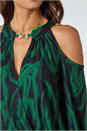 Forest Green Abstract Print Cold Shoulder Chiffon Top, Image 5 of 5