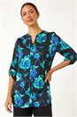 Teal Floral Print Satin Button Up Blouse, Image 2 of 5