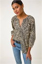 Black Linear Print V-Neck Blouse, Image 1 of 5