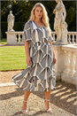 White Curve Abstract Button Detail Midi Dress, Image 1 of 4