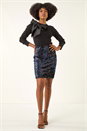 Midnight Blue Sequin Embellished Velour Stretch Skirt, Image 2 of 7